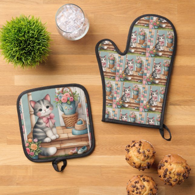 Cute Cat on Porch with Flowers & Patchwork Oven Mitt & Pot Holder Set (Top Down)