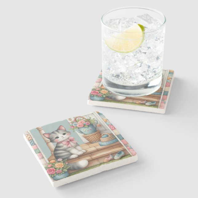 Cute Cat on Porch with Flowers & Patchwork Stone Coaster (Side)