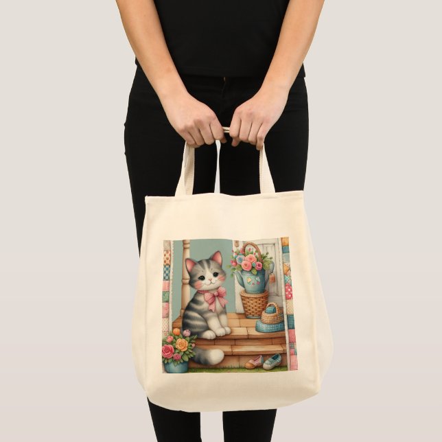 Cute Cat on Porch with Flowers & Patchwork Tote Bag (Front (Product))