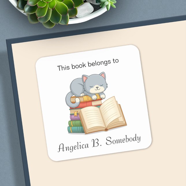 Cute Cat on top of a Book Stack - Bookplate Square Sticker (Creator Uploaded)