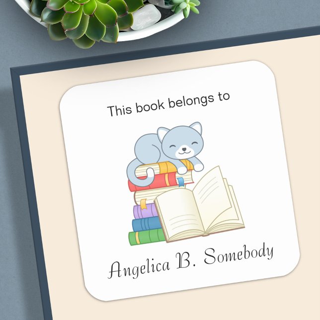 Cute Cat on top of a Book Stack - Bookplate Square Sticker (Creator Uploaded)
