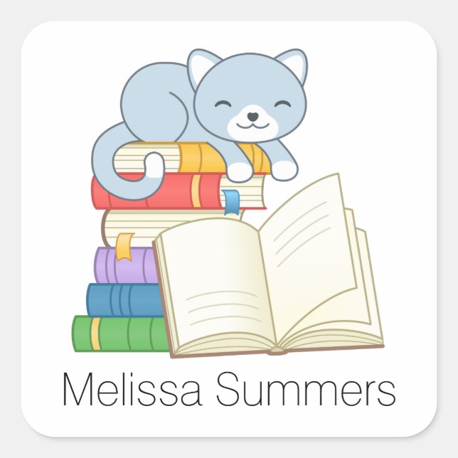 Cute Cat on top of a Book Stack Custom Name Square Sticker (Front)