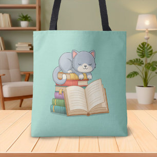 Cute Cat on top of a Book Stack Green Tote Bag