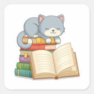 Cute Cat on top of a Book Stack Square Sticker