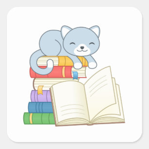 Cute Cat on top of a Book Stack Square Sticker