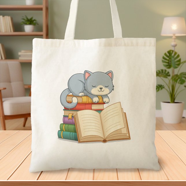Cute Cat on top of a Book Stack Tote Bag (Creator Uploaded)
