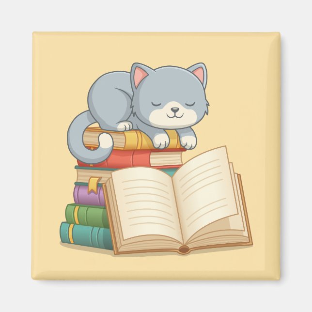 Cute Cat on top of a Book Stack Yellow Magnet (Front)
