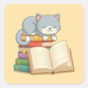 Cute Cat on top of a Book Stack Yellow Square Sticker