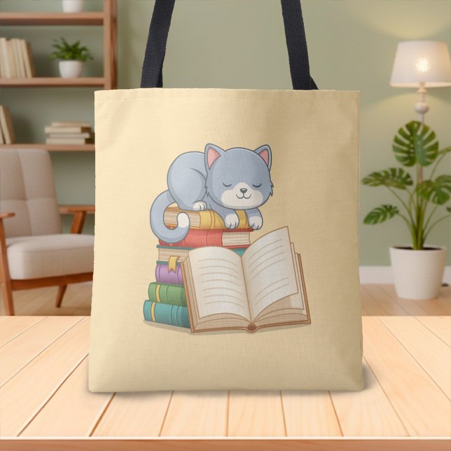 Cute Cat on top of a Book Stack Yellow Tote Bag (Creator Uploaded)
