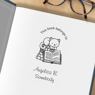 Cute Cat on top of Stack of Books - Bookplate Rubber Stamp