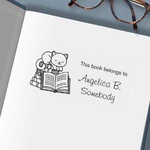 Cute Cat on top of Stack of Books - Bookplate Self-inking Stamp