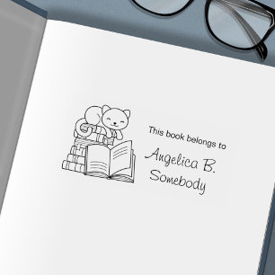 Cute Cat on top of Stack of Books - Bookplate Self-inking Stamp