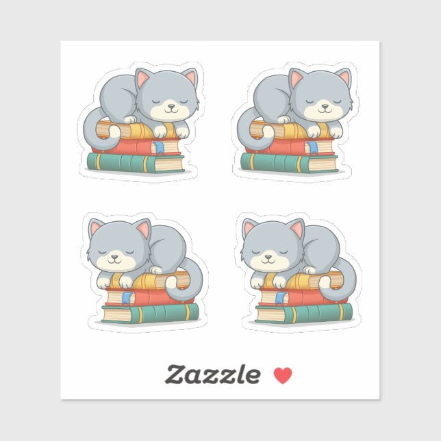 Cute Cat on top of Stack of Books, Set of 4 (Sheet)