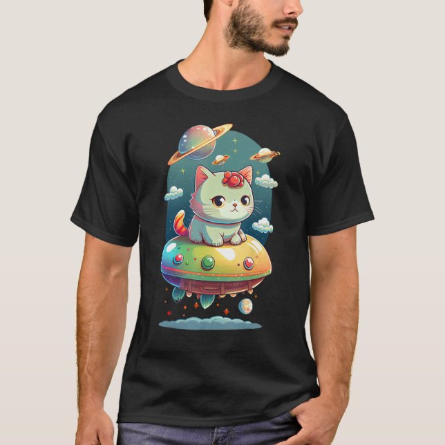 Cute Cat on UFO for Scif Fi Girl or Boy T-Shirt (Front)