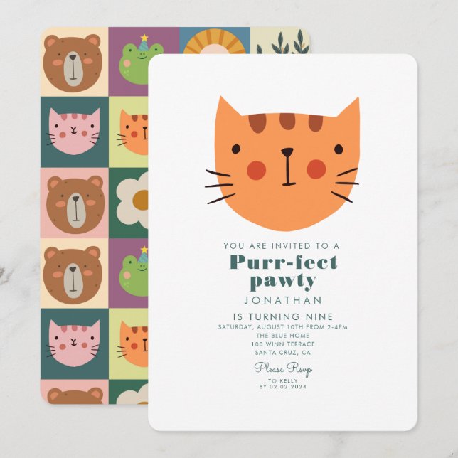 Cute Cat Orange Animals Birthday  Invitation (Front/Back)