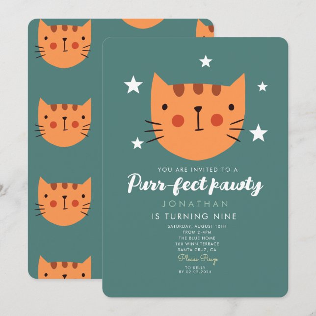 Cute Cat Orange Green Birthday Party  Invitation (Front/Back)