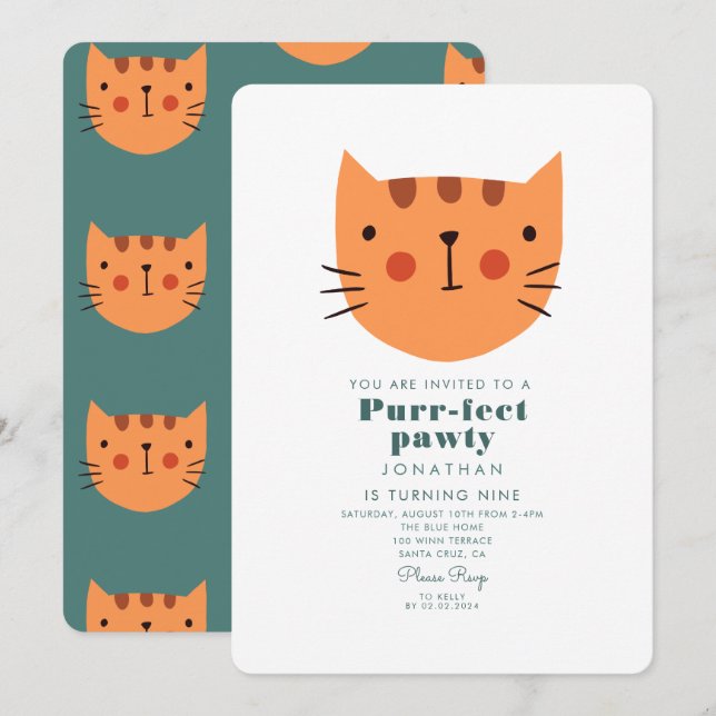 Cute Cat Orange Green Birthday Party  Invitation (Front/Back)