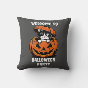 Cute Cat Orange Pumpkin Welcome to Halloween Party Cushion
