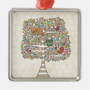 Cute Cat Owl & Birds Sittin in a Tree Illustration Metal Tree Decoration