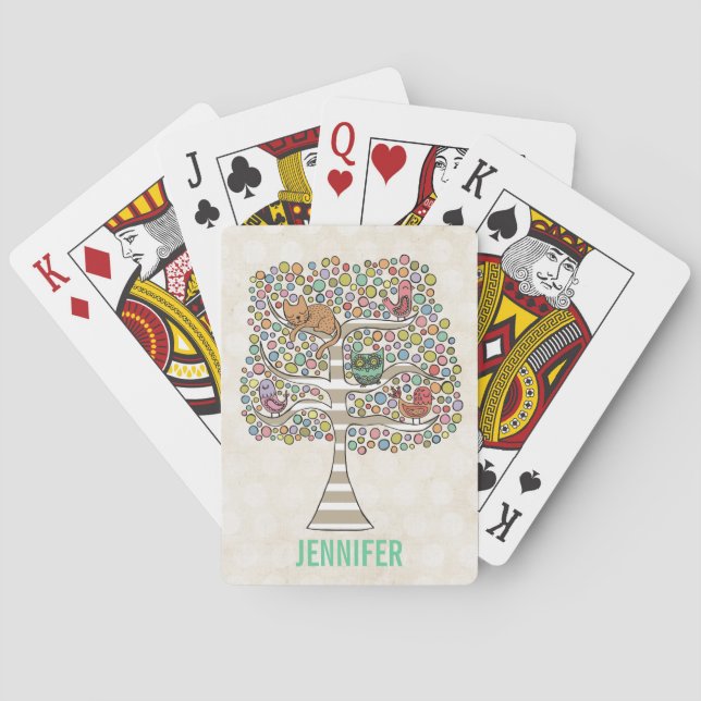 Cute Cat Owl & Birds Sittin in a Tree Illustration Playing Cards (Back)