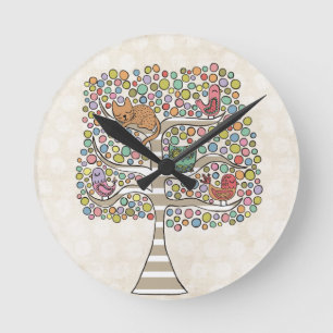 Cute Cat Owl & Birds Sittin in a Tree Illustration Round Clock