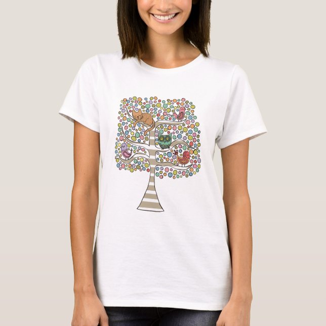 Cute Cat Owl & Birds Sittin in a Tree Illustration T-Shirt (Front)