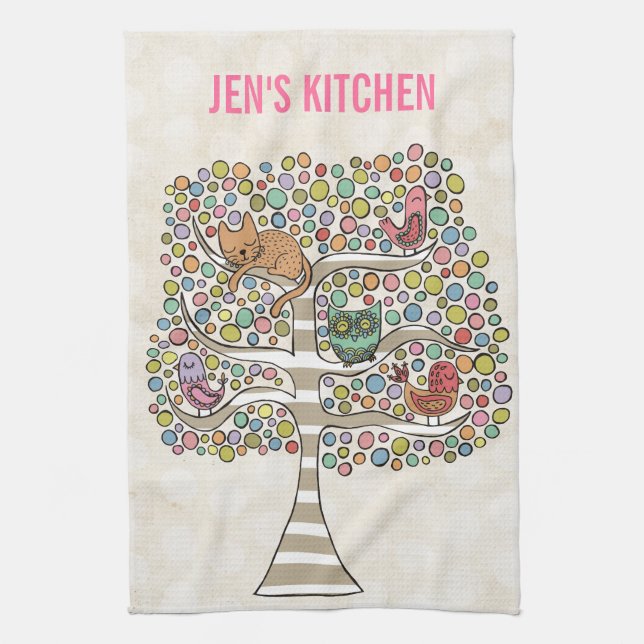 Cute Cat Owl & Birds Sittin in a Tree Illustration Tea Towel (Vertical)