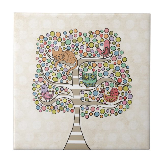 Cute Cat Owl & Birds Sittin in a Tree Illustration Tile (Front)