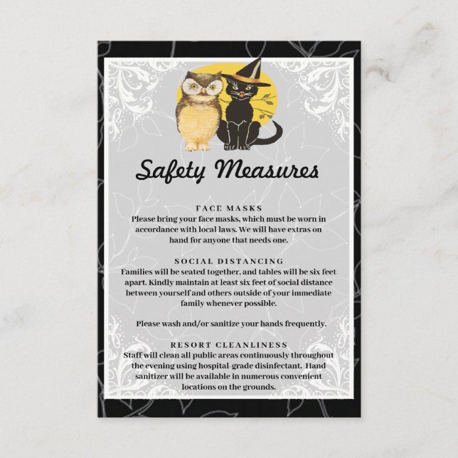 Cute Cat & Owl Halloween Wedding Safety Measures Enclosure Card (Front)