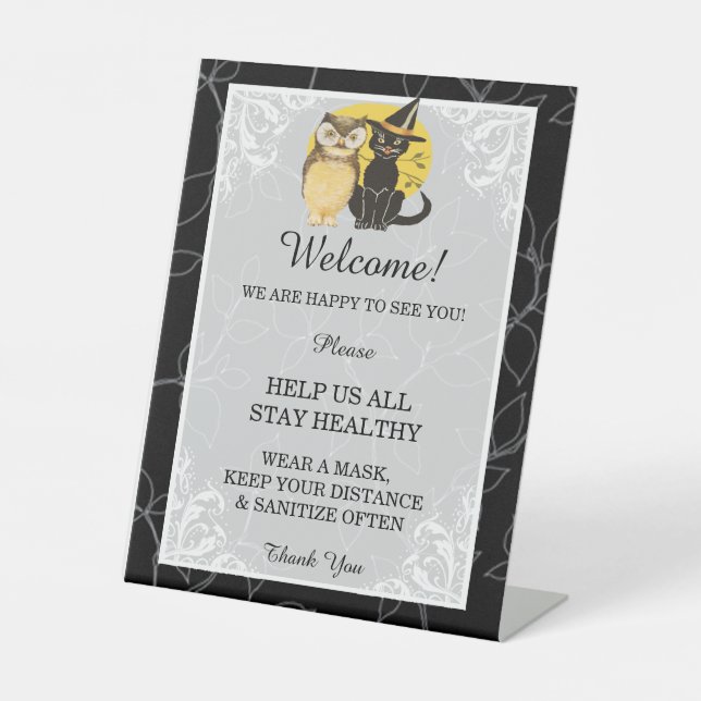 Cute Cat & Owl Halloween Wedding Safety  Pedestal Sign (Front)