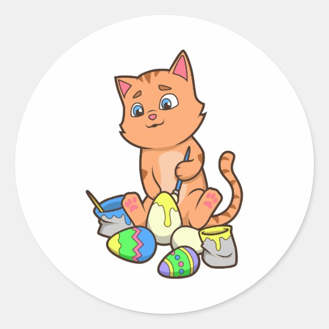 Cute Cat Painting Easter Eggs On Easter Day Classic Round Sticker (Front)