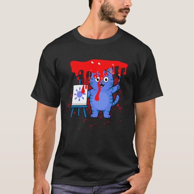 Cute Cat Painting Splash Art T-Shirt (Front)