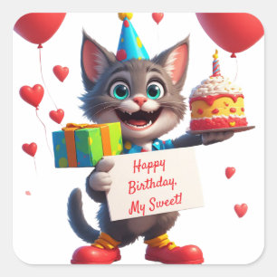 Cute Cat Party With Gift And Hearts ❤️ Square Sticker
