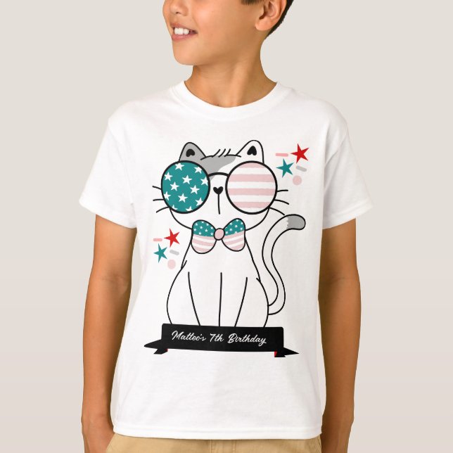 Cute Cat Patriotic Birthday Party Boys T-Shirt (Front)