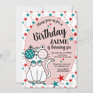 Cute Cat Patriotic Birthday Party Stars Sprinkles Invitation