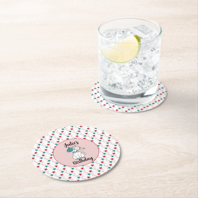Cute Cat Patriotic Birthday Sprinkles Party Round Paper Coaster (Insitu)