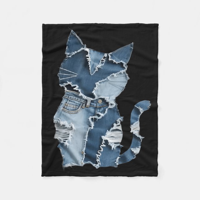 Cute Cat Pattern Denim Patchwork Funny Cat Lover  Fleece Blanket (Front)