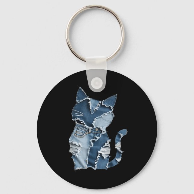 Cute Cat Pattern Denim Patchwork Funny Cat Lover  Key Ring (Front)