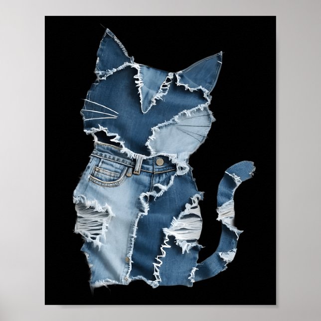 Cute Cat Pattern Denim Patchwork Funny Cat Lover  Poster (Front)