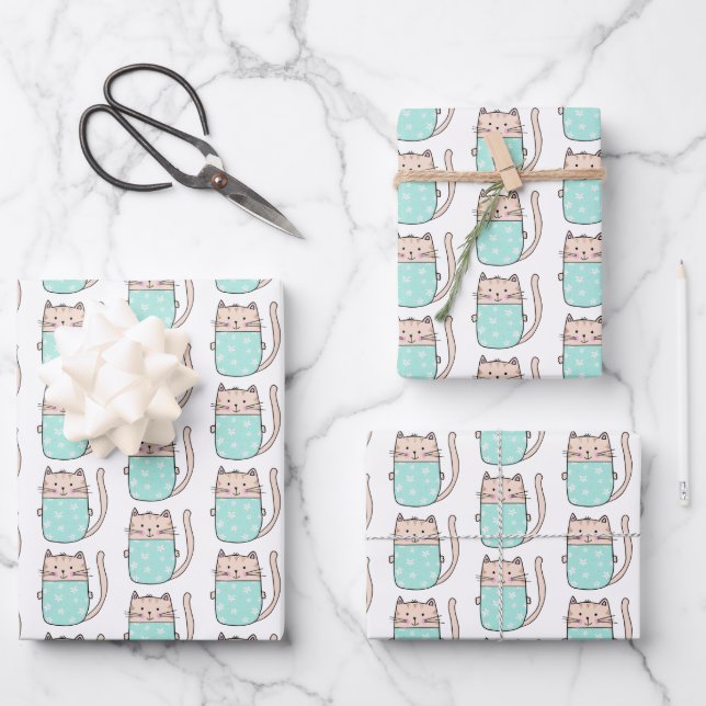 Cute Cat Pattern Kids Wrapping Paper Sheet (Front)