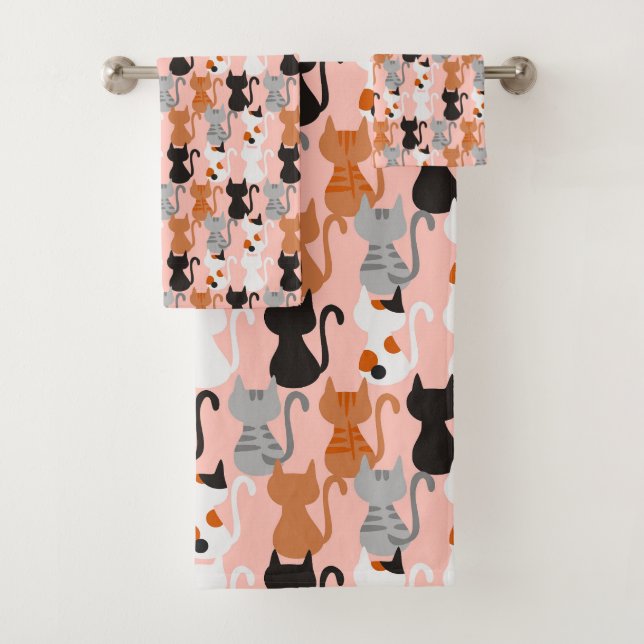 Cute Cat Pattern On Blush Pink Bath Towel Set (Insitu)