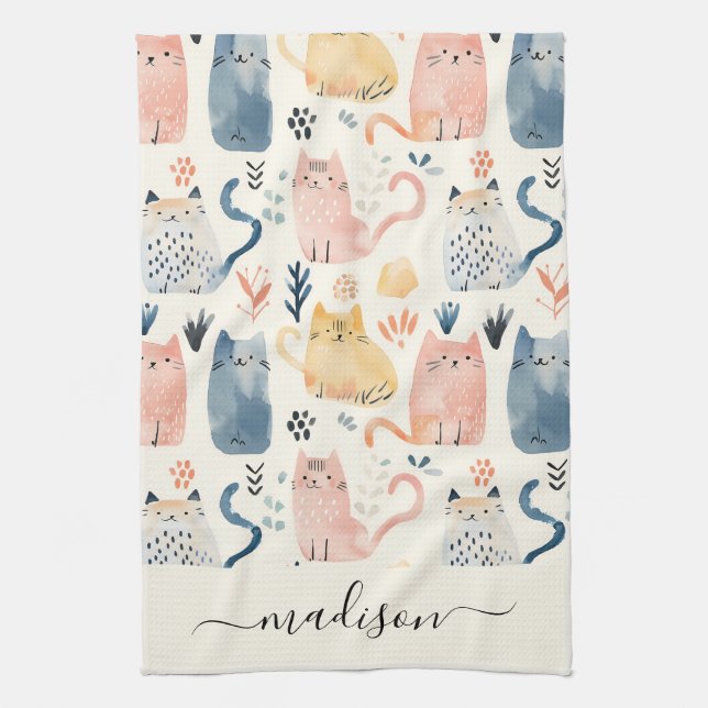Cute cat pattern script name  tea towel (Vertical)