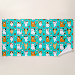 Cute Cat Pattern With Colorful Cats, Yarn Balls Beach Towel