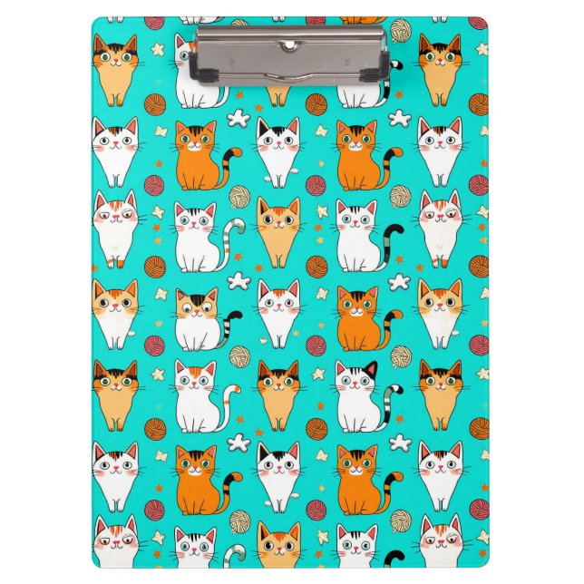 Cute Cat Pattern With Colorful Cats, Yarn Balls Clipboard (Front)