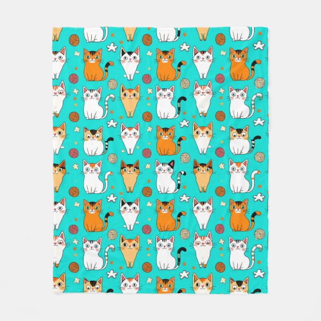 Cute Cat Pattern With Colourful Cats, Yarn Balls Fleece Blanket (Front)