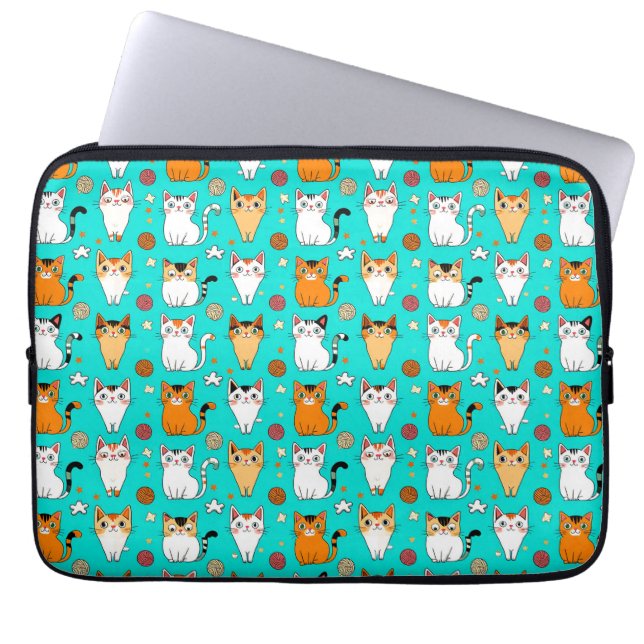 Cute Cat Pattern With Colourful Cats, Yarn Balls Laptop Sleeve (Front)