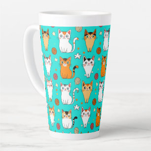 Cute Cat Pattern With Colourful Cats, Yarn Balls Latte Mug