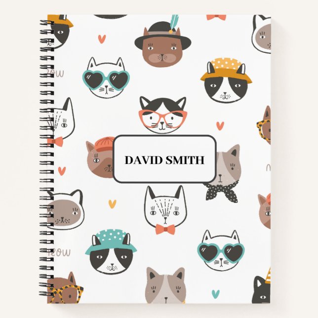 Cute Cat Pattern with name Notebook (Front)