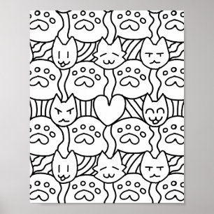 Cute Cat Pattren Colouring Page Poster