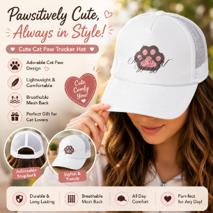 Cute Cat Paw "MEOW" Calligraphy – Adorable Kitty Trucker Hat